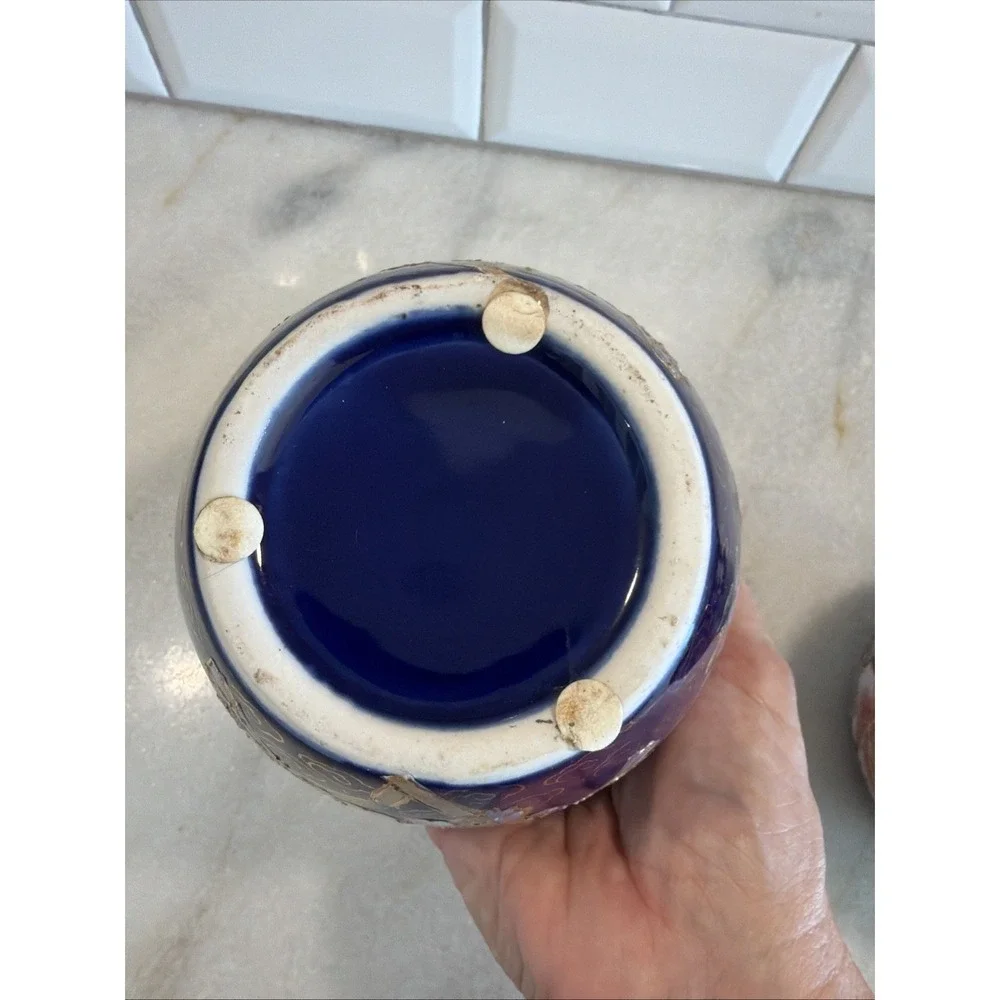 Set Of 2 Lemax Ceramic Flower Pot Vase blue pink Floral GardenGold Gilt 4